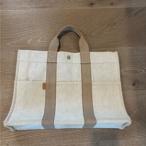Hermes Canvas MM Fourre Cream and Brown Canvas Bag